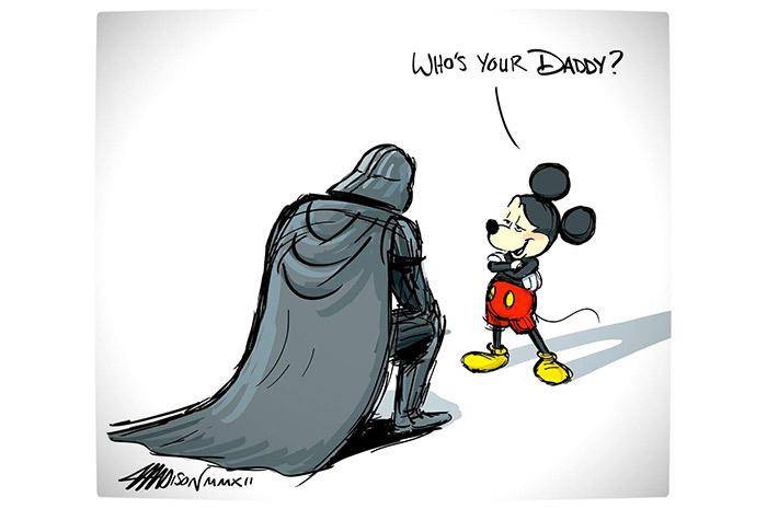 Caricatura de Mickey Mouse con Darth Vader arrodillado ante él